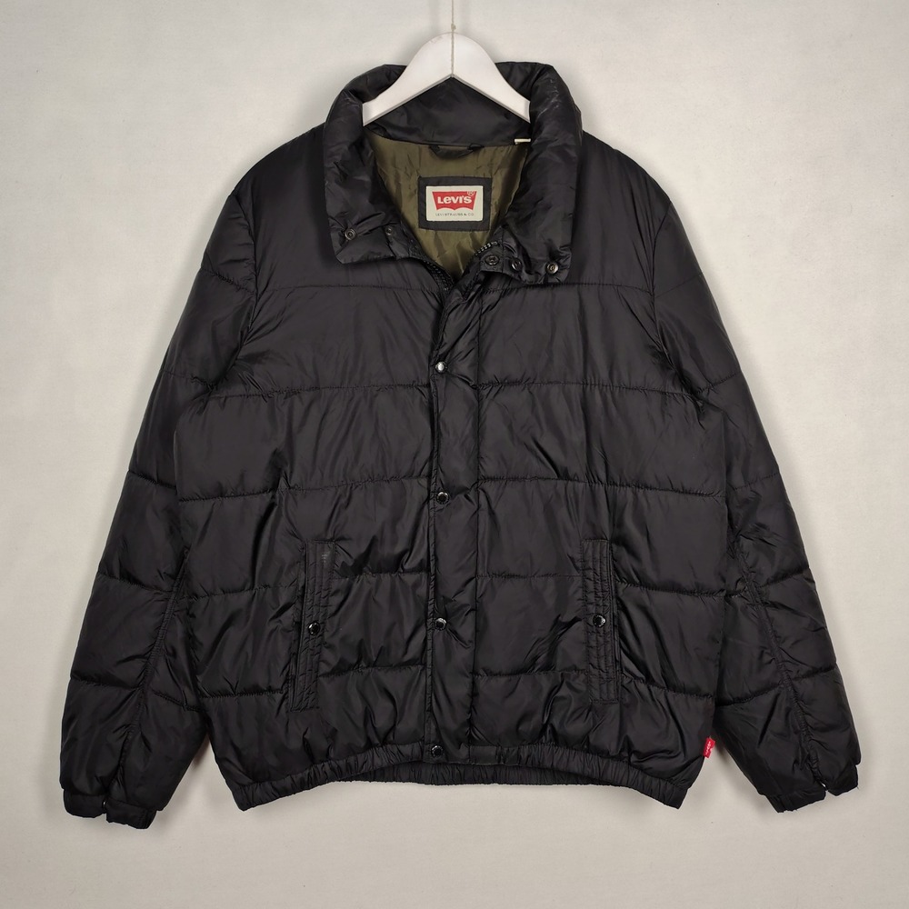 Levis Mens Quilted Puffer Jacket Black Nylon Full Zip Snap Front Large RN 54163